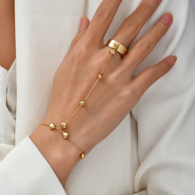 Gold Beaded Hand Chain Bracelet