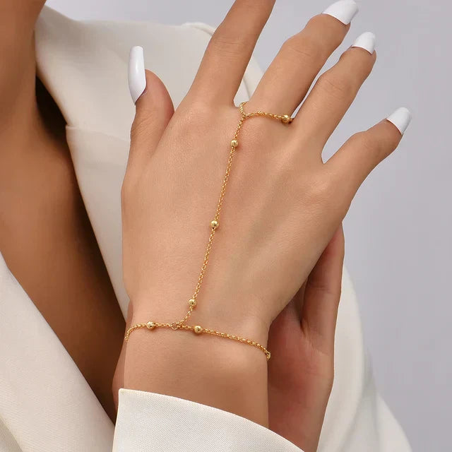 Gold Beaded Hand Chain Bracelet