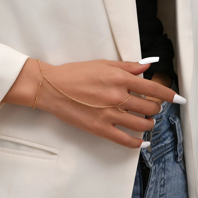 Gold Beaded Hand Chain Bracelet
