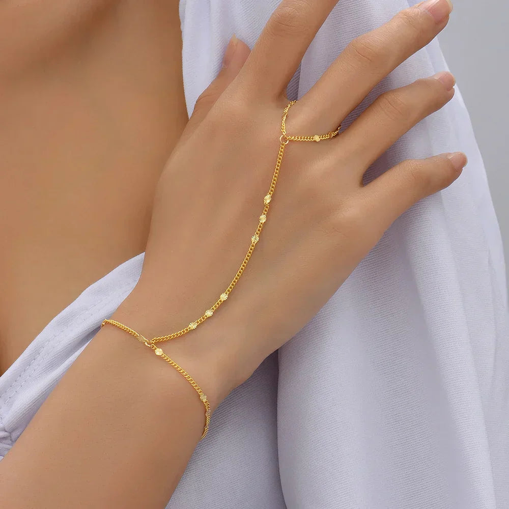 Gold Beaded Hand Chain Bracelet