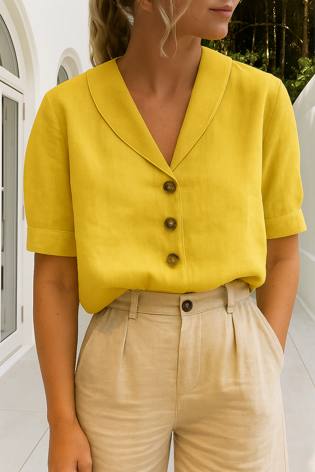 Short Sleeve Scarf Collar Blouse