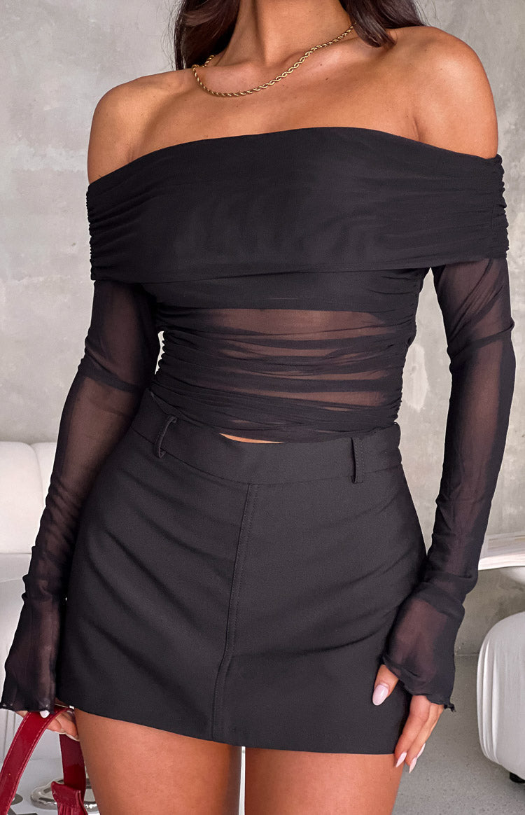 Long Sleeve Off Shoulder Mesh Top