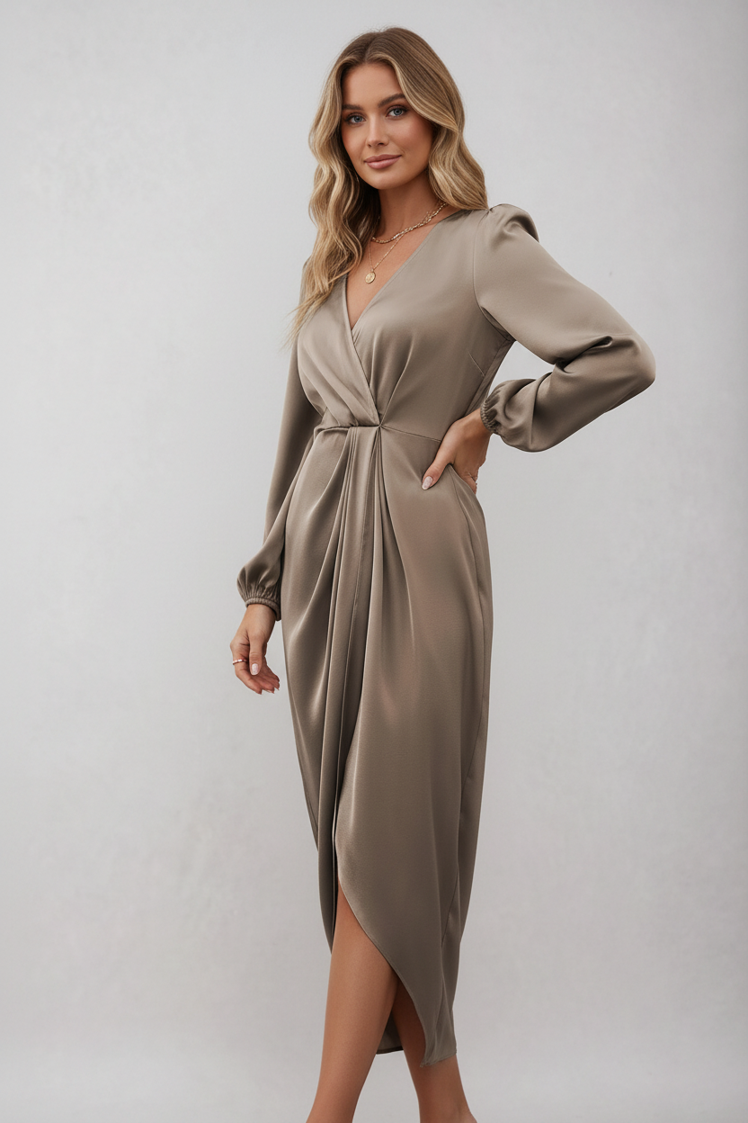 Wrap Long Sleeve Midi Dress
