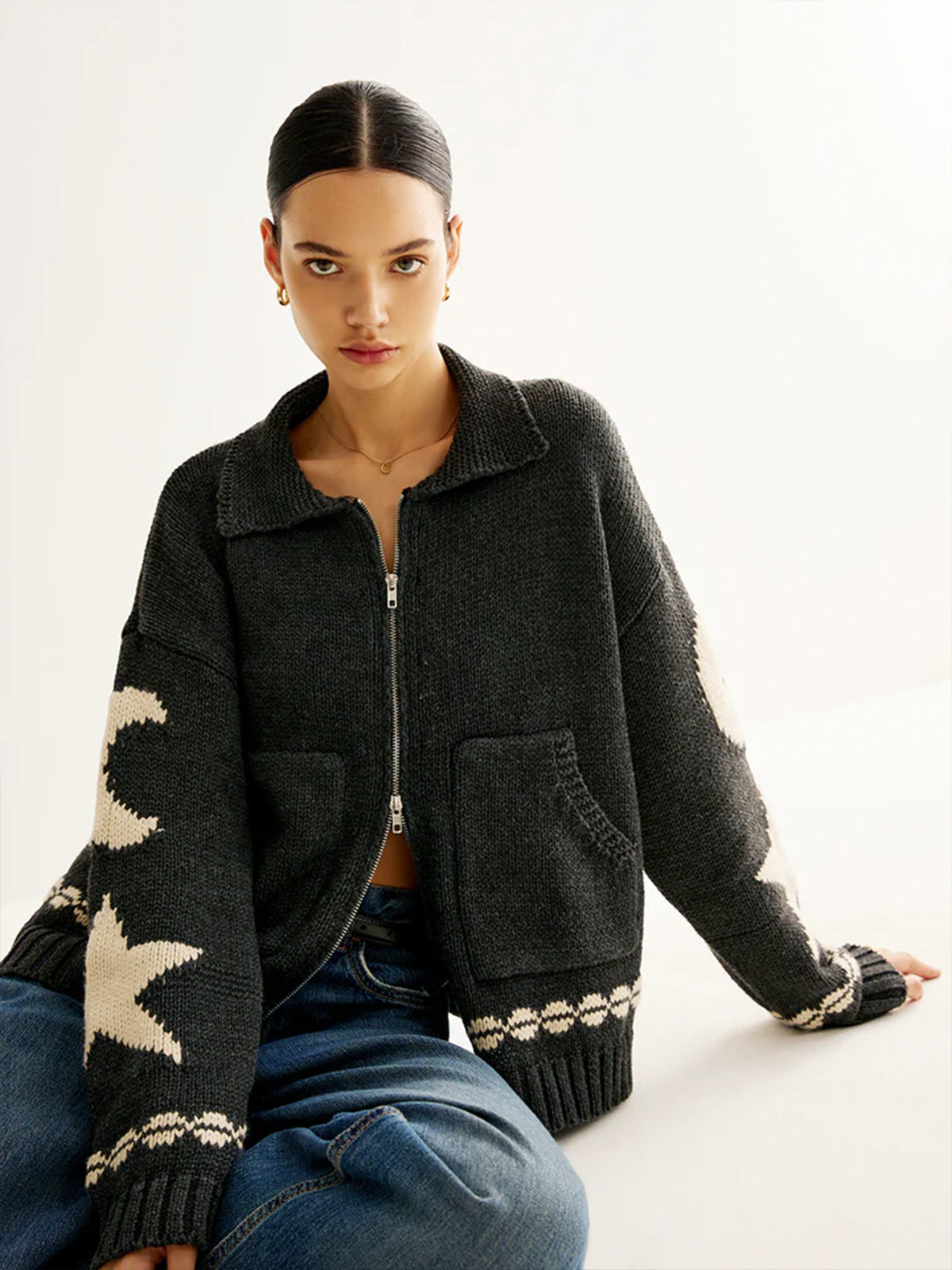 Star Print Zip Cardigan