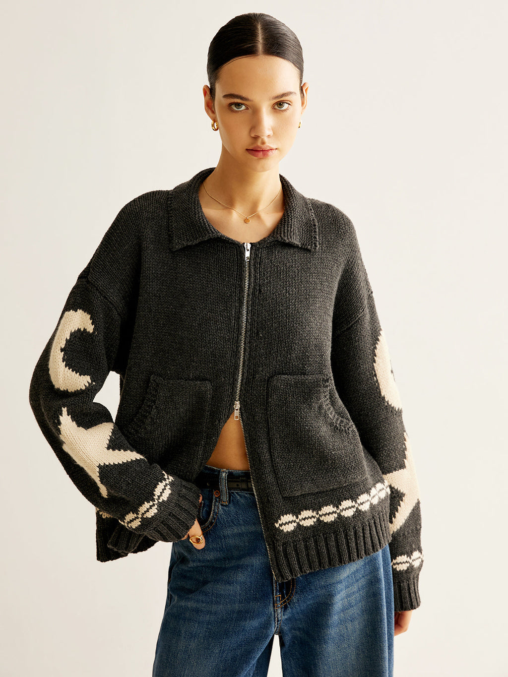Star Print Zip Cardigan