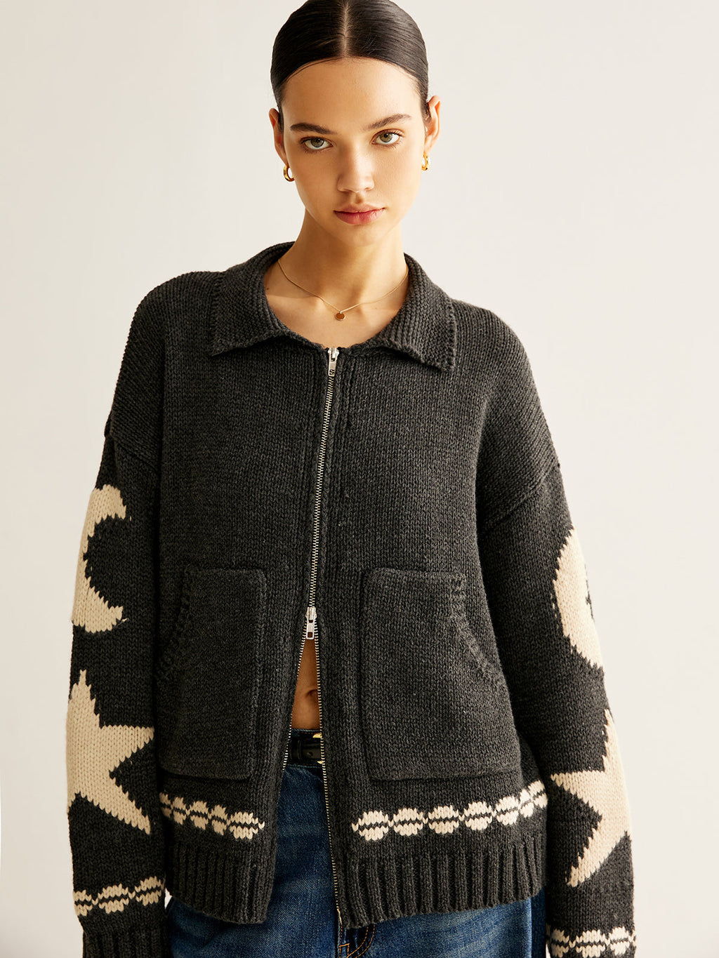 Star Print Zip Cardigan