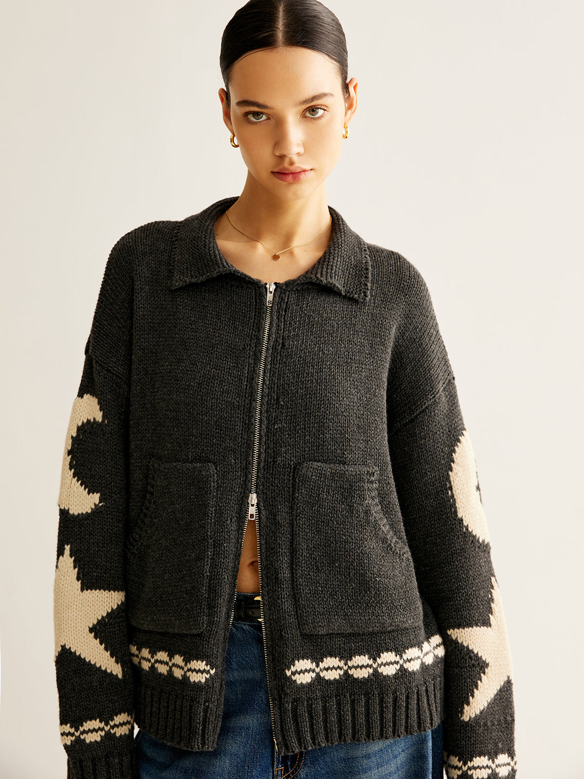 Star Print Zip Cardigan