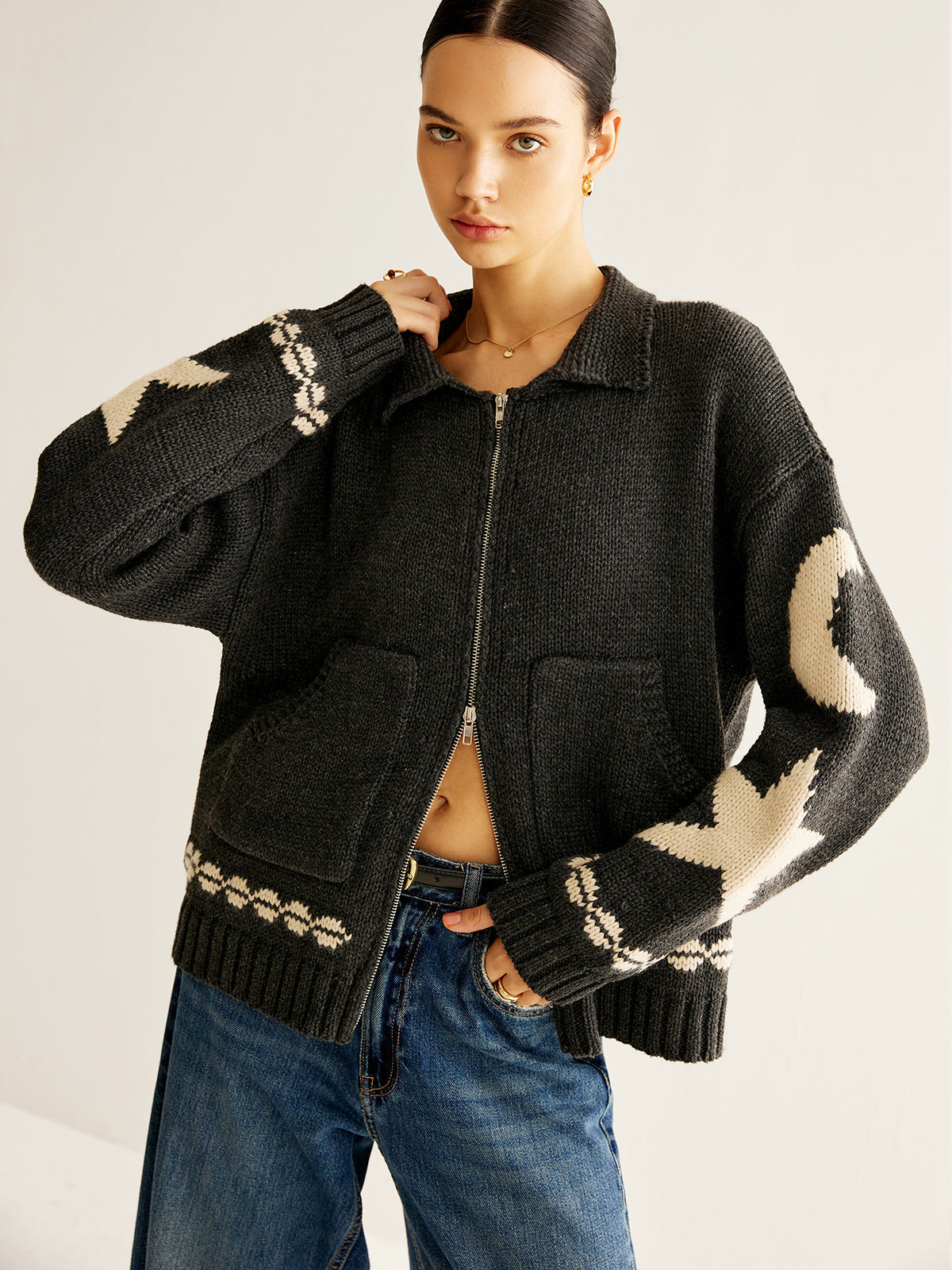 Star Print Zip Cardigan