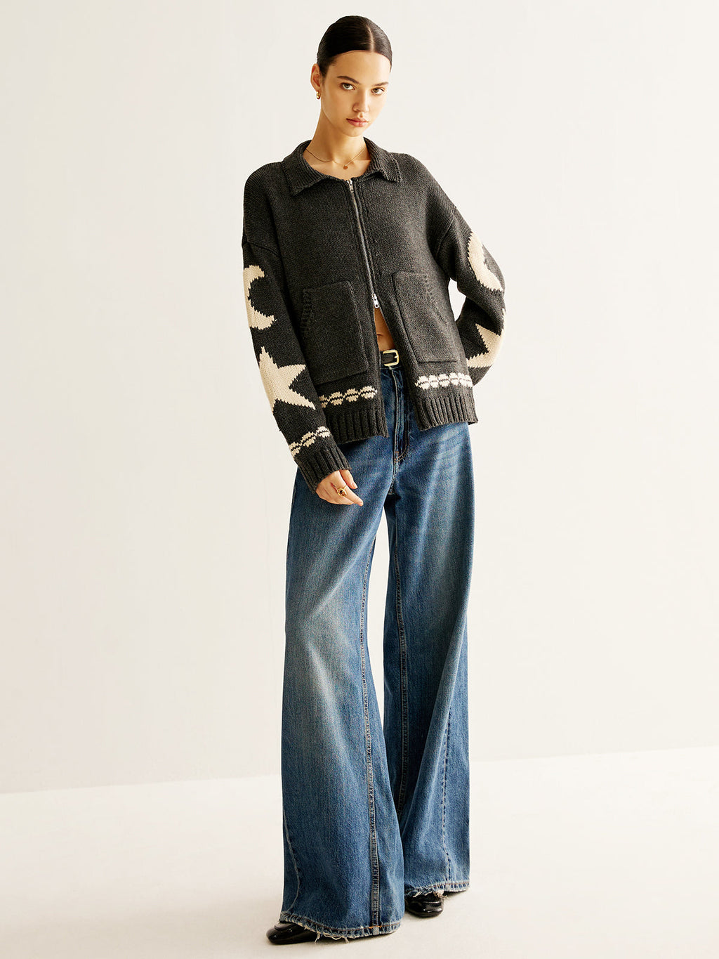 Star Print Zip Cardigan