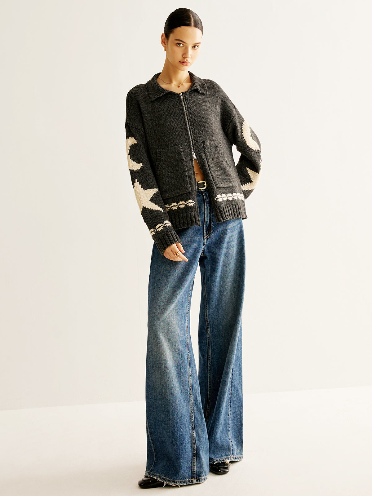 Star Print Zip Cardigan