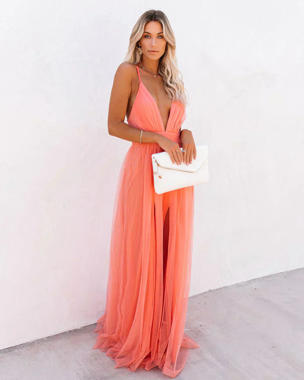 Pleated Deep V-Neck Maxi Dress