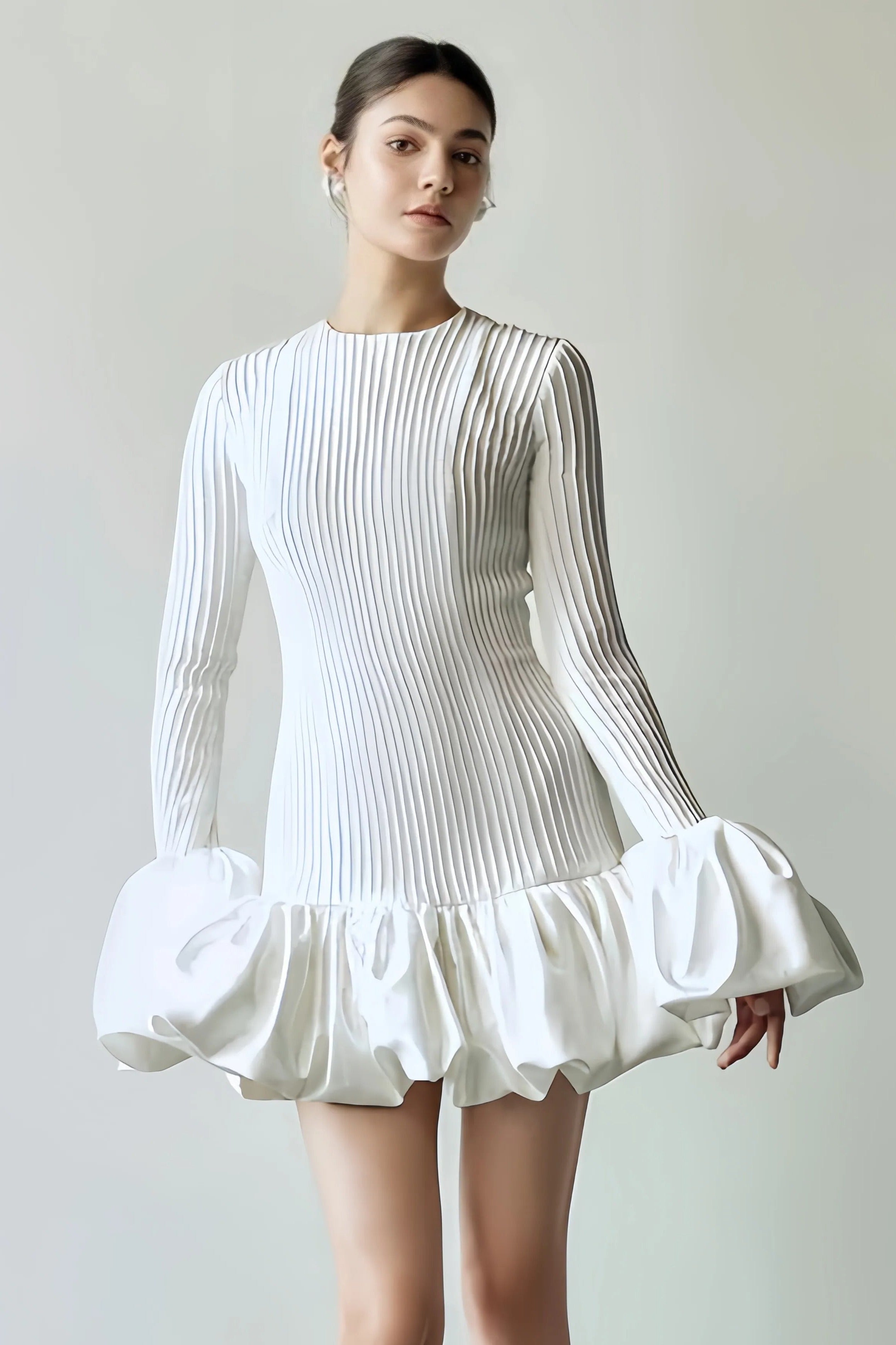 Pleated Flared Sleeve Mini Dress