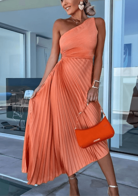 Pleated One-Shoulder Midi Dress