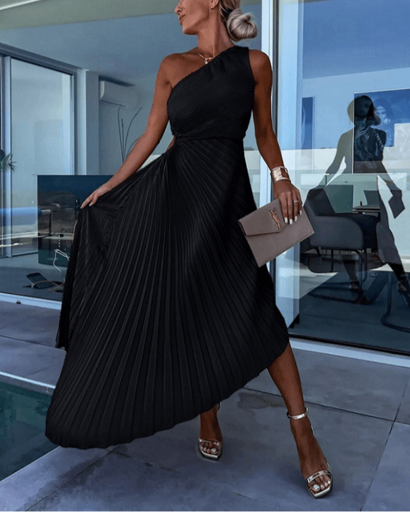Pleated One-Shoulder Midi Dress