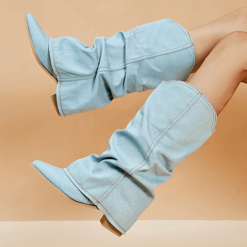 Denim Knee-High Boots