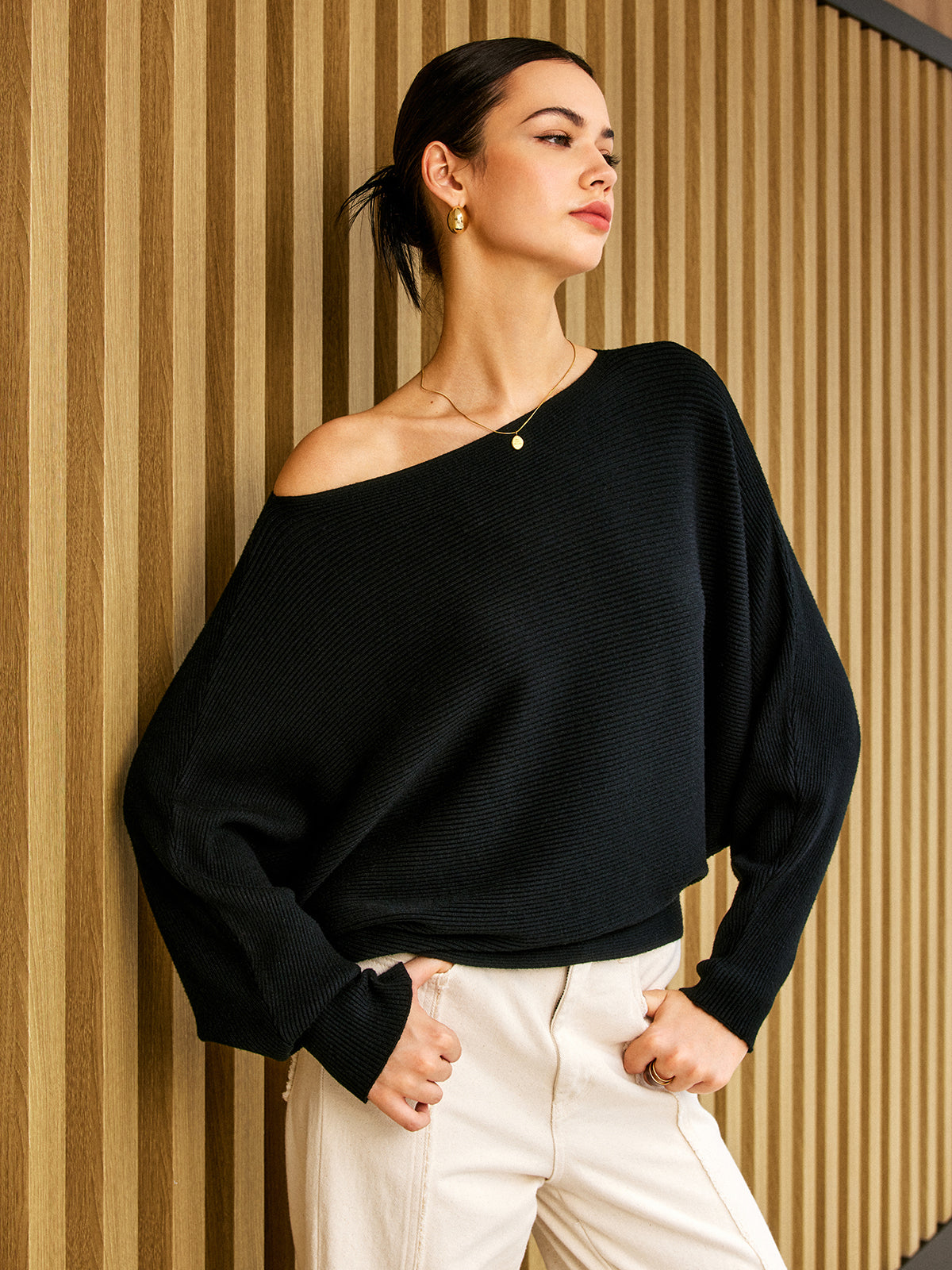 Ribbed Relaxed One-Shoulder Sweater