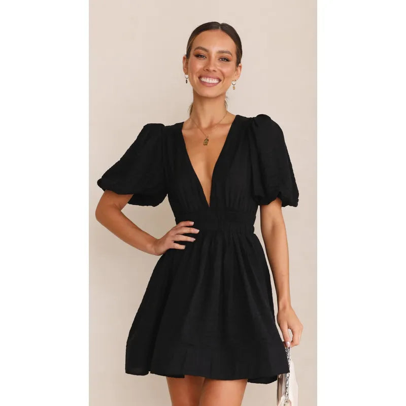 Puff Sleeve Deep V Mini Dress