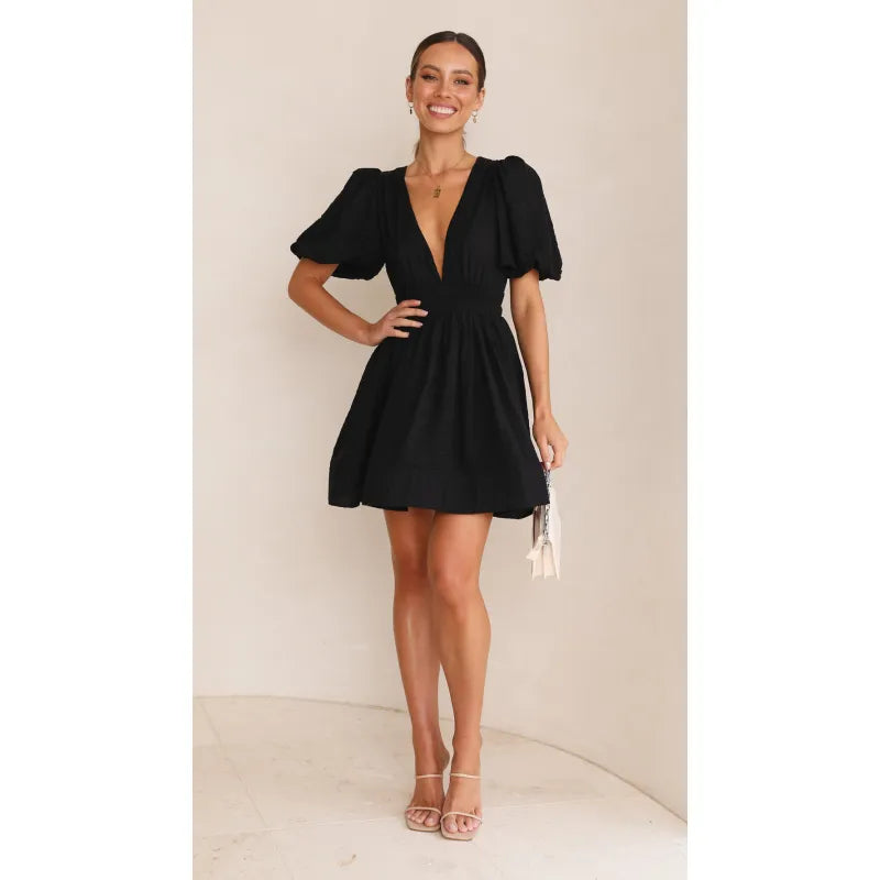 Puff Sleeve Deep V Mini Dress