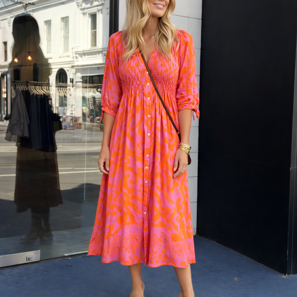 Orange Summer Patterned Midi Dress