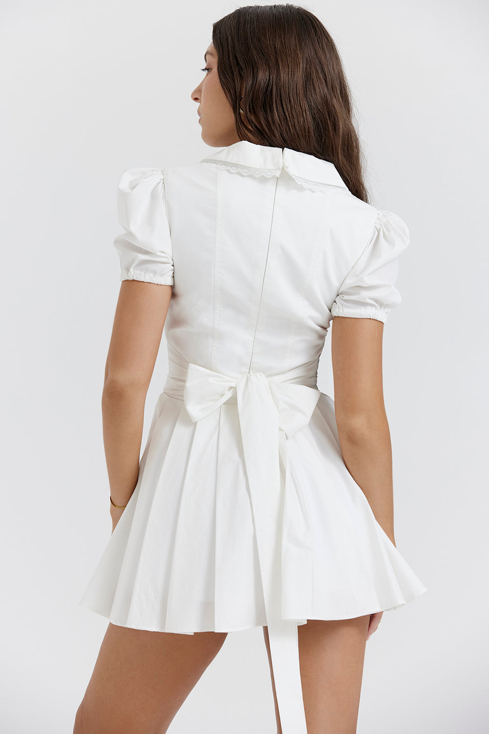 Pleated V-Neck Puff Sleeve Mini Dress