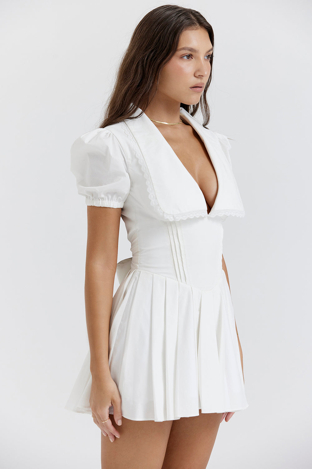 Pleated V-Neck Puff Sleeve Mini Dress