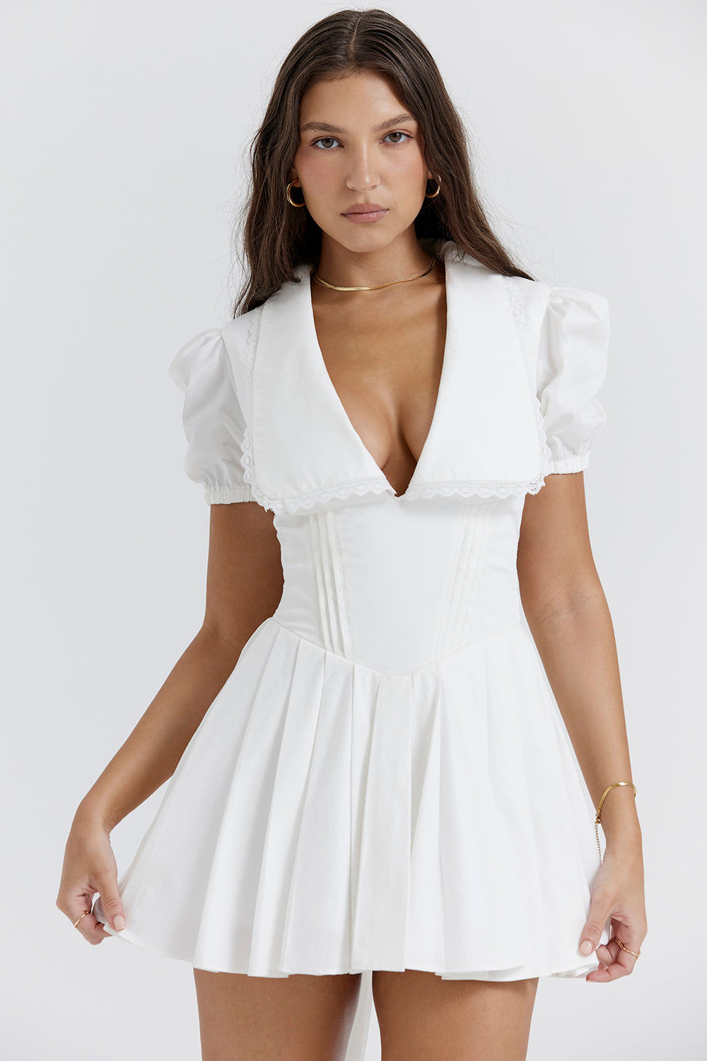 Pleated V-Neck Puff Sleeve Mini Dress