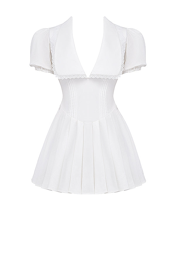Pleated V-Neck Puff Sleeve Mini Dress
