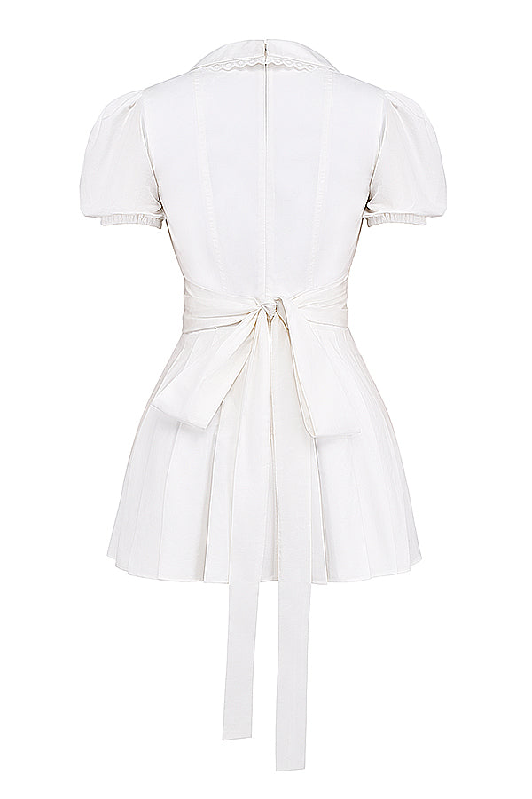 Pleated V-Neck Puff Sleeve Mini Dress