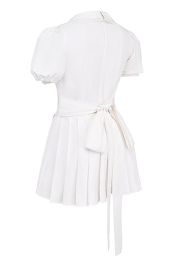 Pleated V-Neck Puff Sleeve Mini Dress