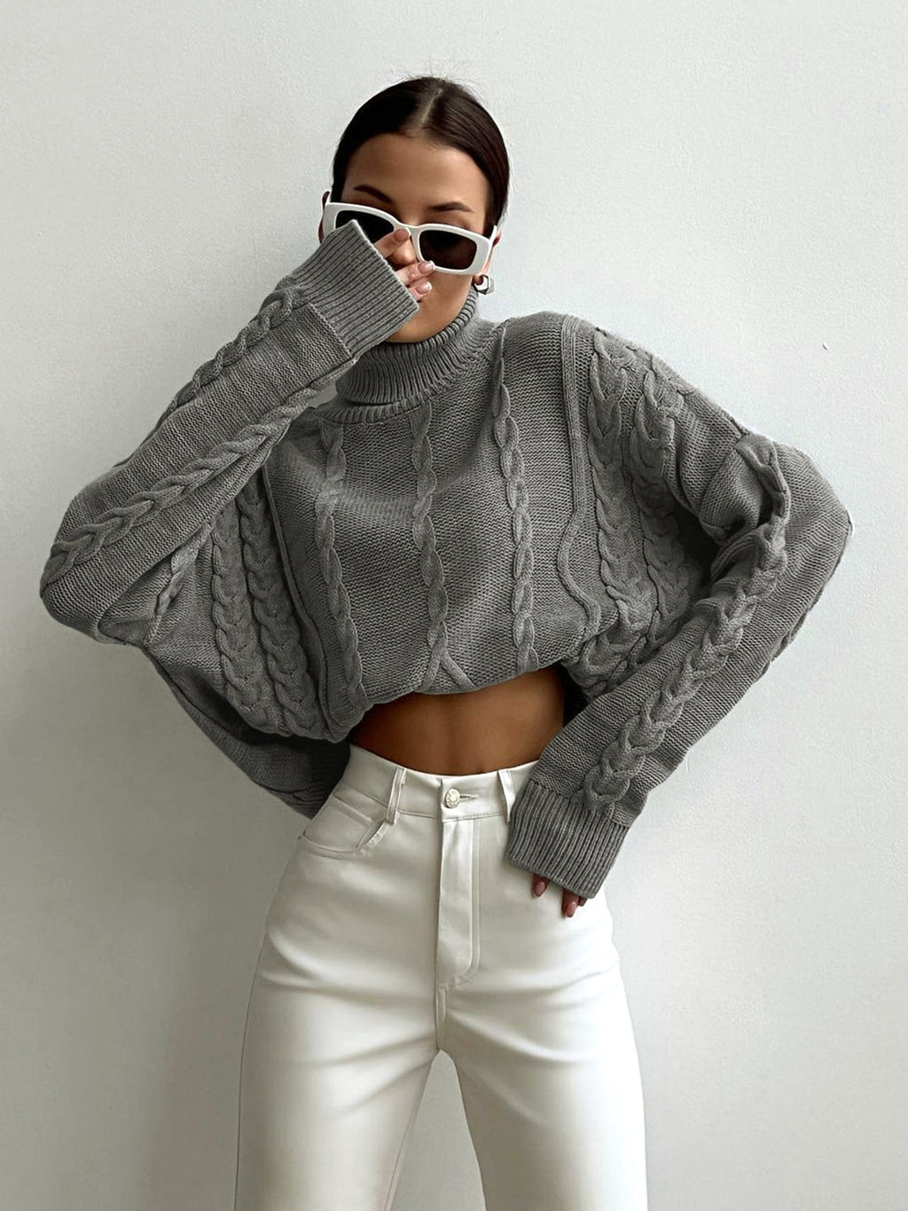 Cable Knit Cropped Turtleneck Sweater