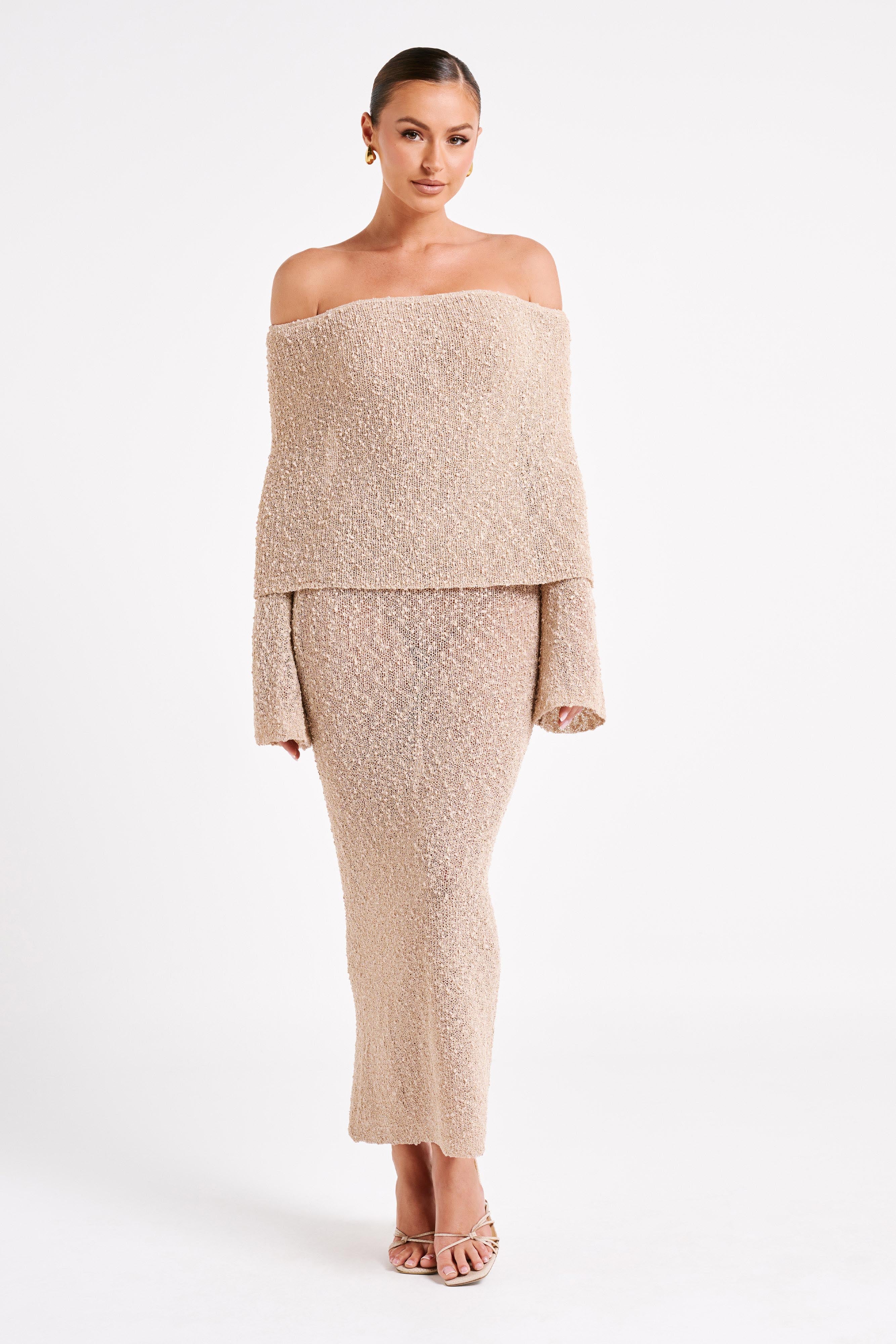 Bouclé Off Shoulder Maxi Dress