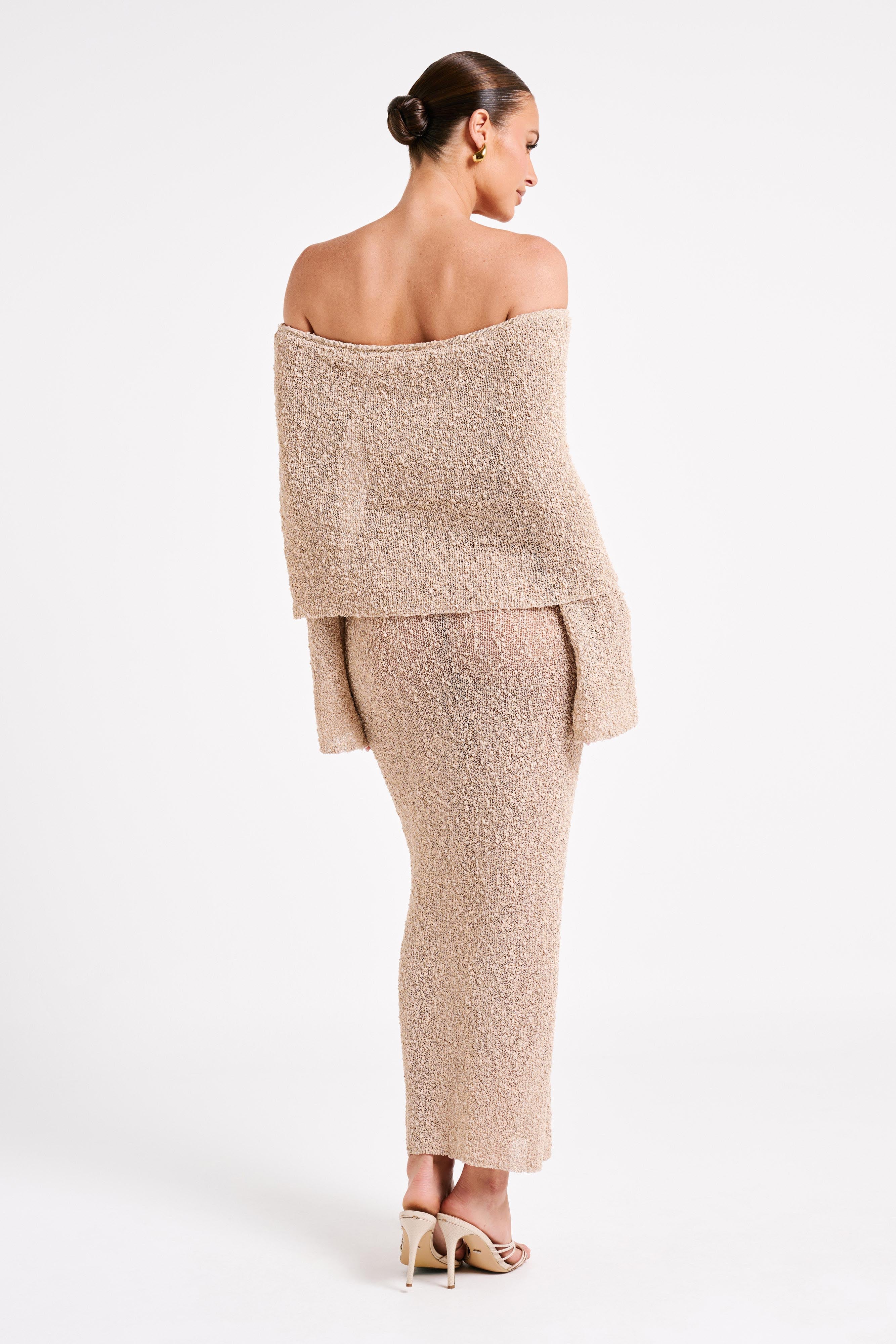 Bouclé Off Shoulder Maxi Dress