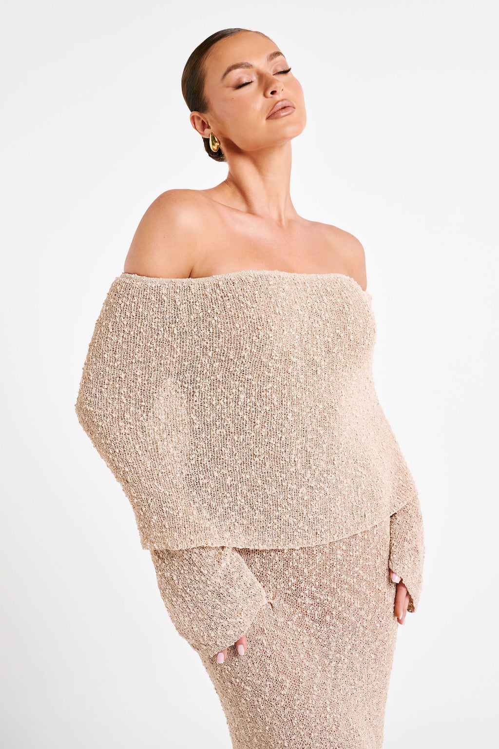 Bouclé Off Shoulder Maxi Dress
