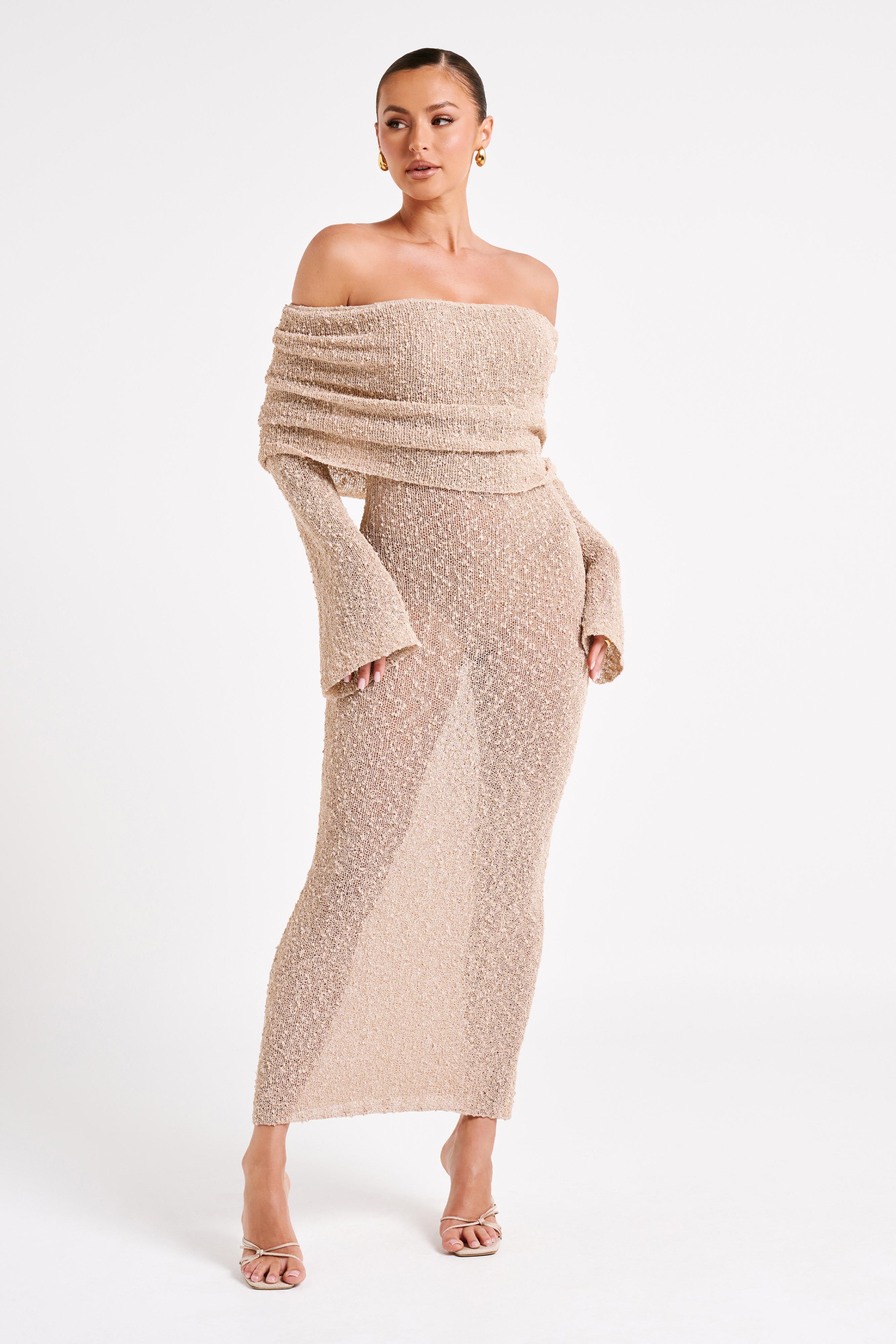 Bouclé Off Shoulder Maxi Dress