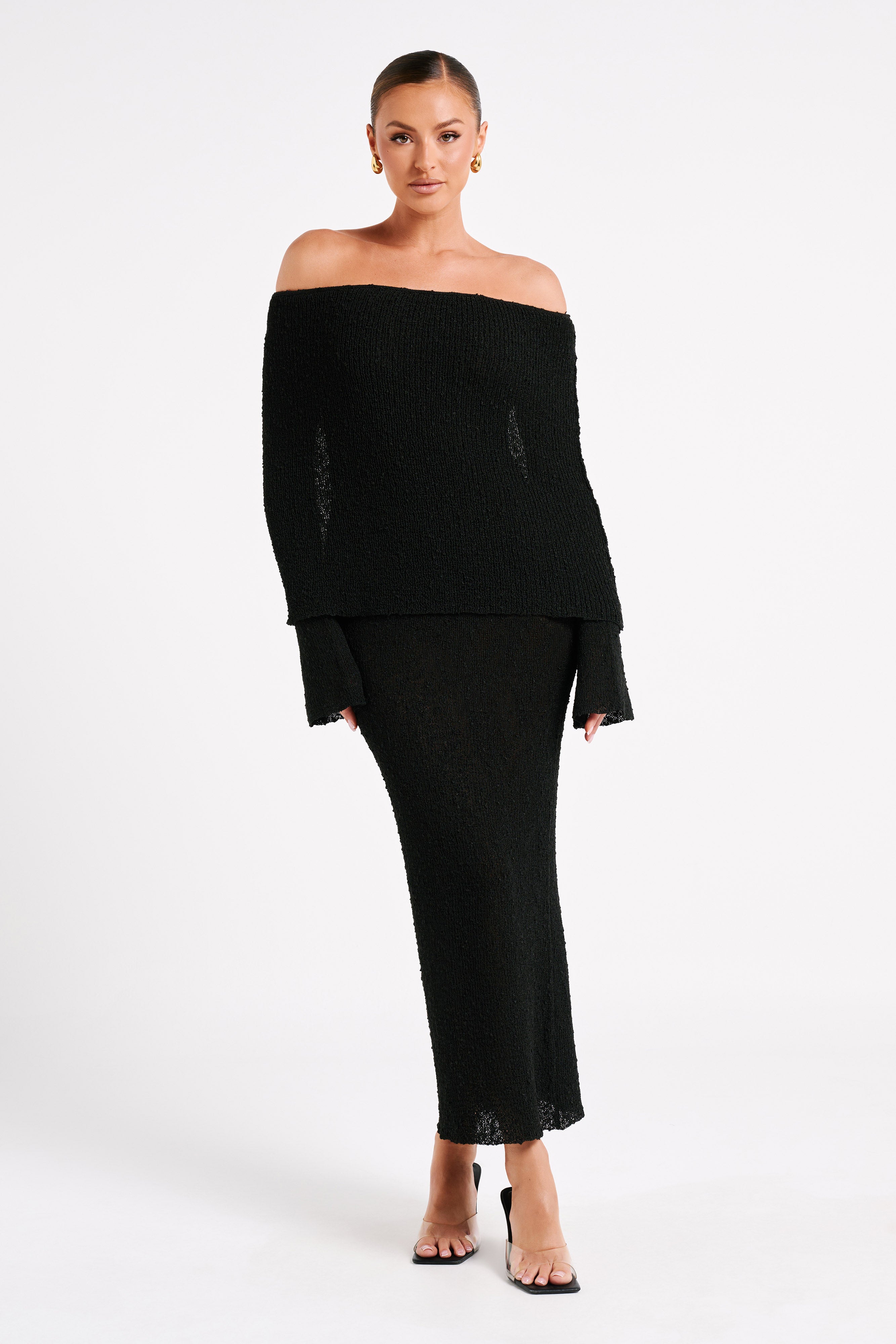 Bouclé Off Shoulder Maxi Dress