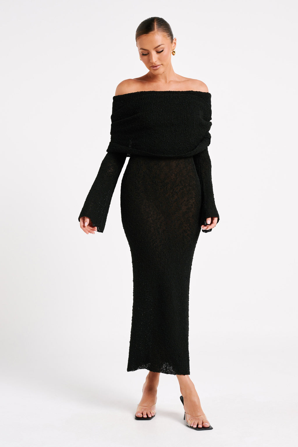 Bouclé Off Shoulder Maxi Dress