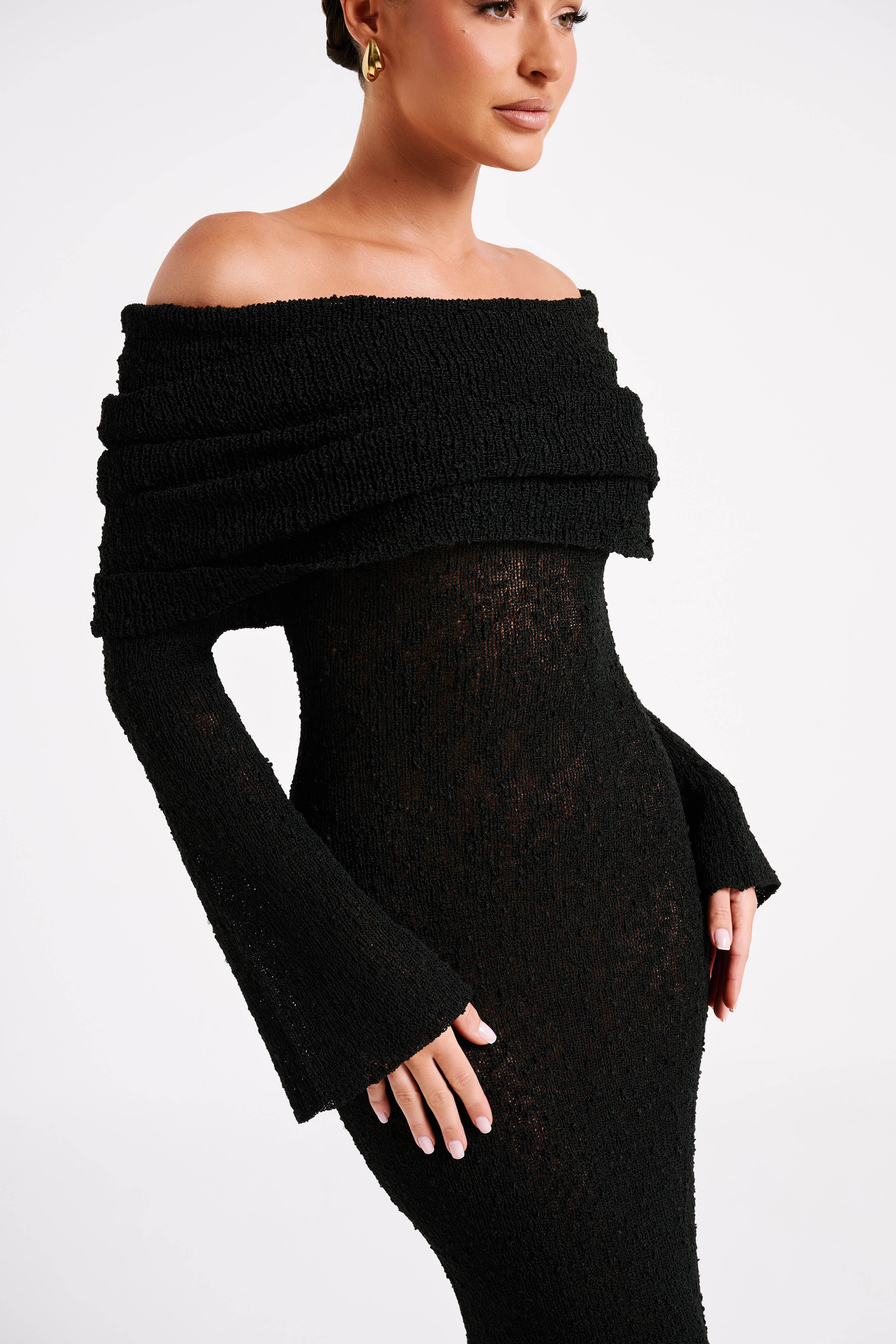 Bouclé Off Shoulder Maxi Dress