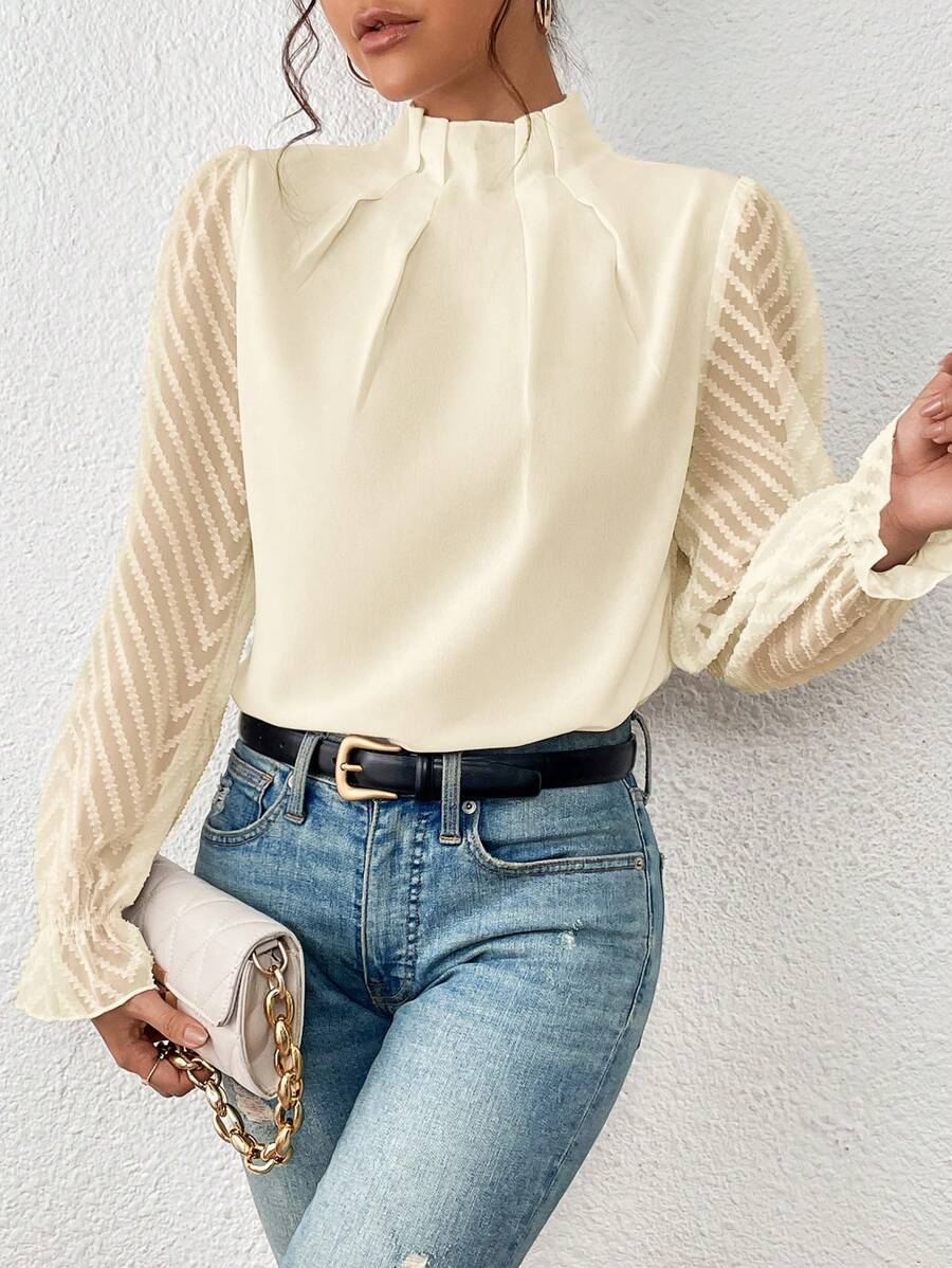 Mock Neck Sheer Sleeve Blouse