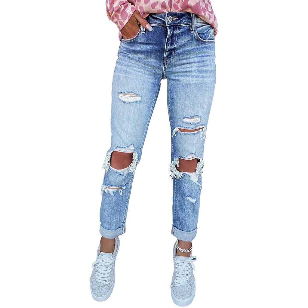 High-Rise Distressed Boyfriend Jeans