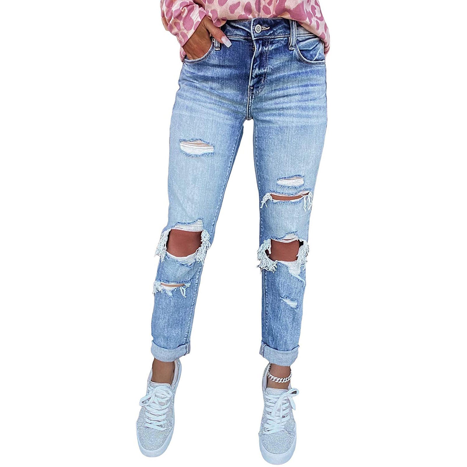 High-Rise Distressed Boyfriend Jeans