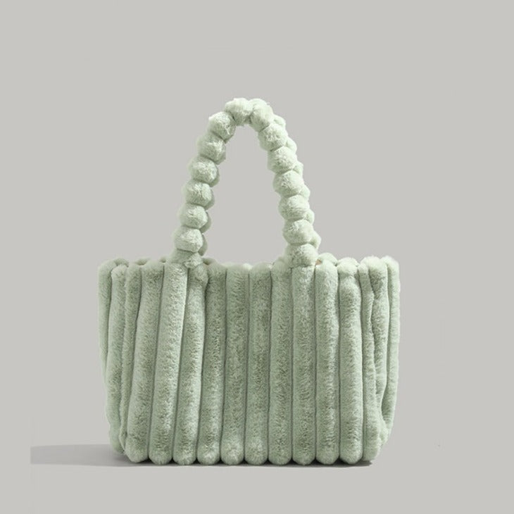 Faux Fur Pom Pom Shoulder Tote Bag