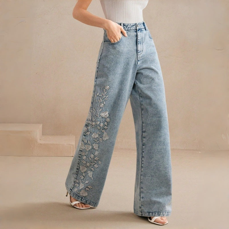 Floral Embroidered Wide Leg Jeans