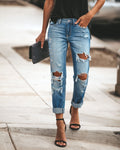 High-Waisted Destroyed Boyfriend Jeans