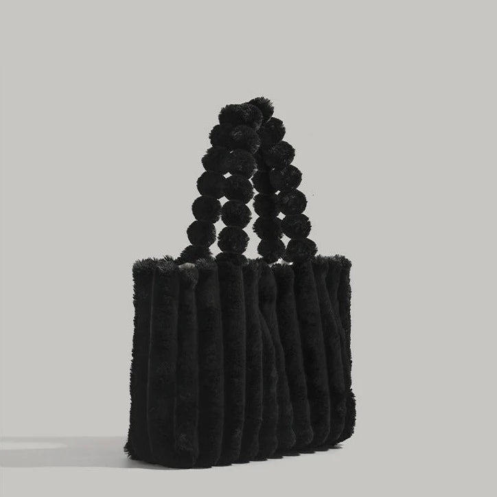 Faux Fur Pom Pom Shoulder Tote Bag