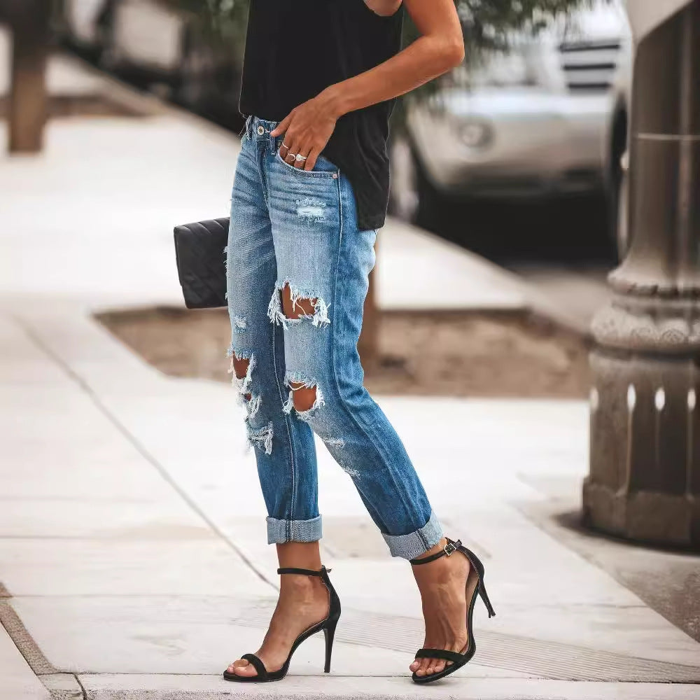 High-Waisted Destroyed Boyfriend Jeans