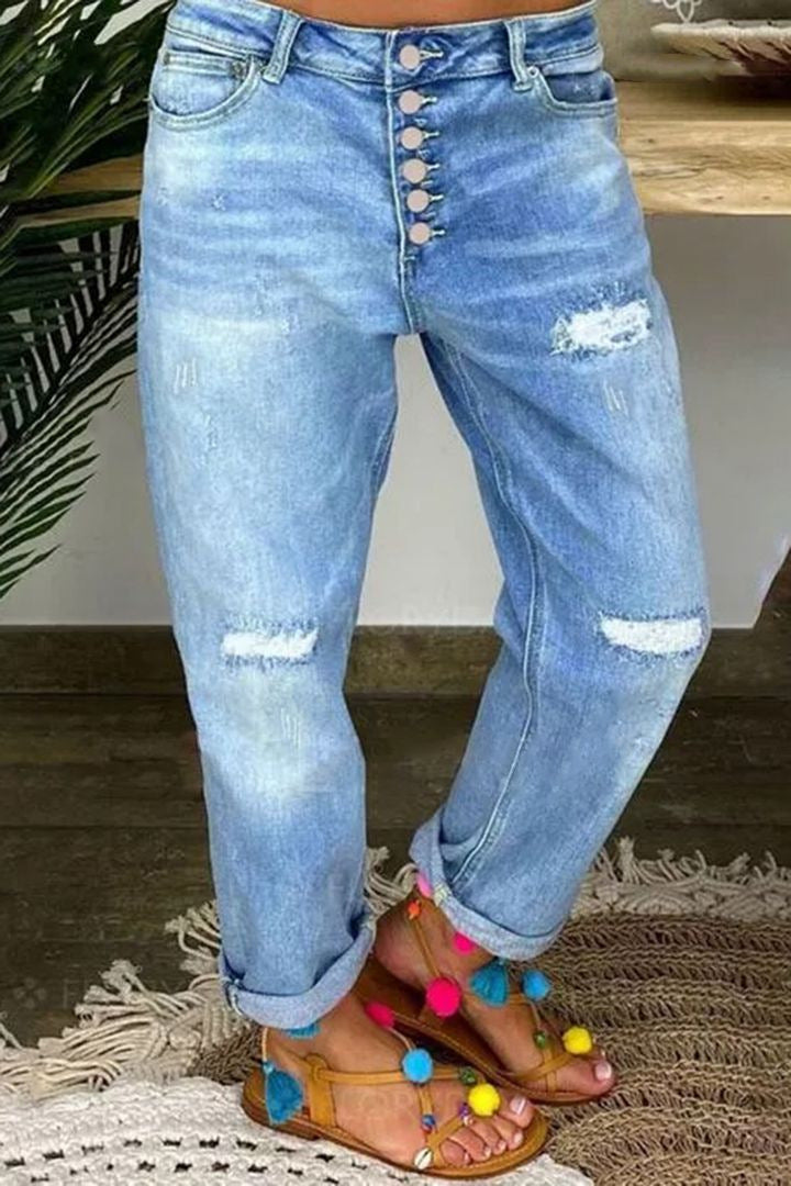 Distressed High-Waist Boyfriend Jeans