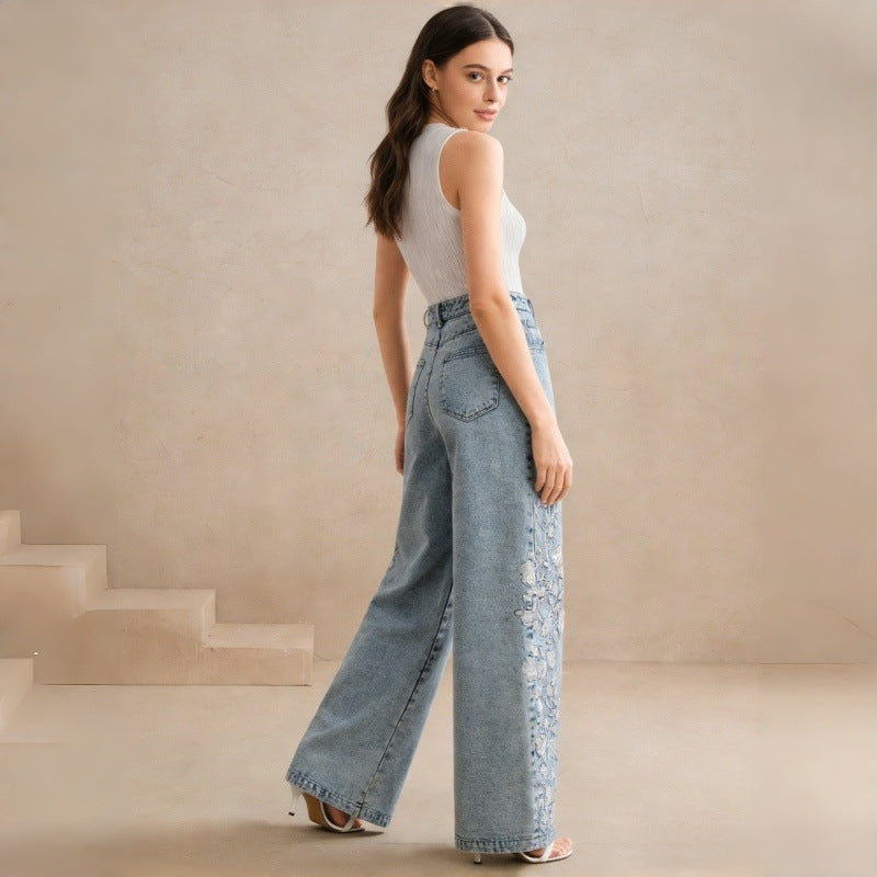 Floral Embroidered Wide Leg Jeans