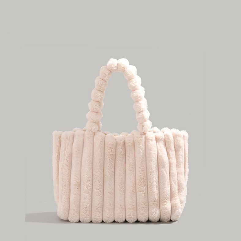 Faux Fur Pom Pom Shoulder Tote Bag