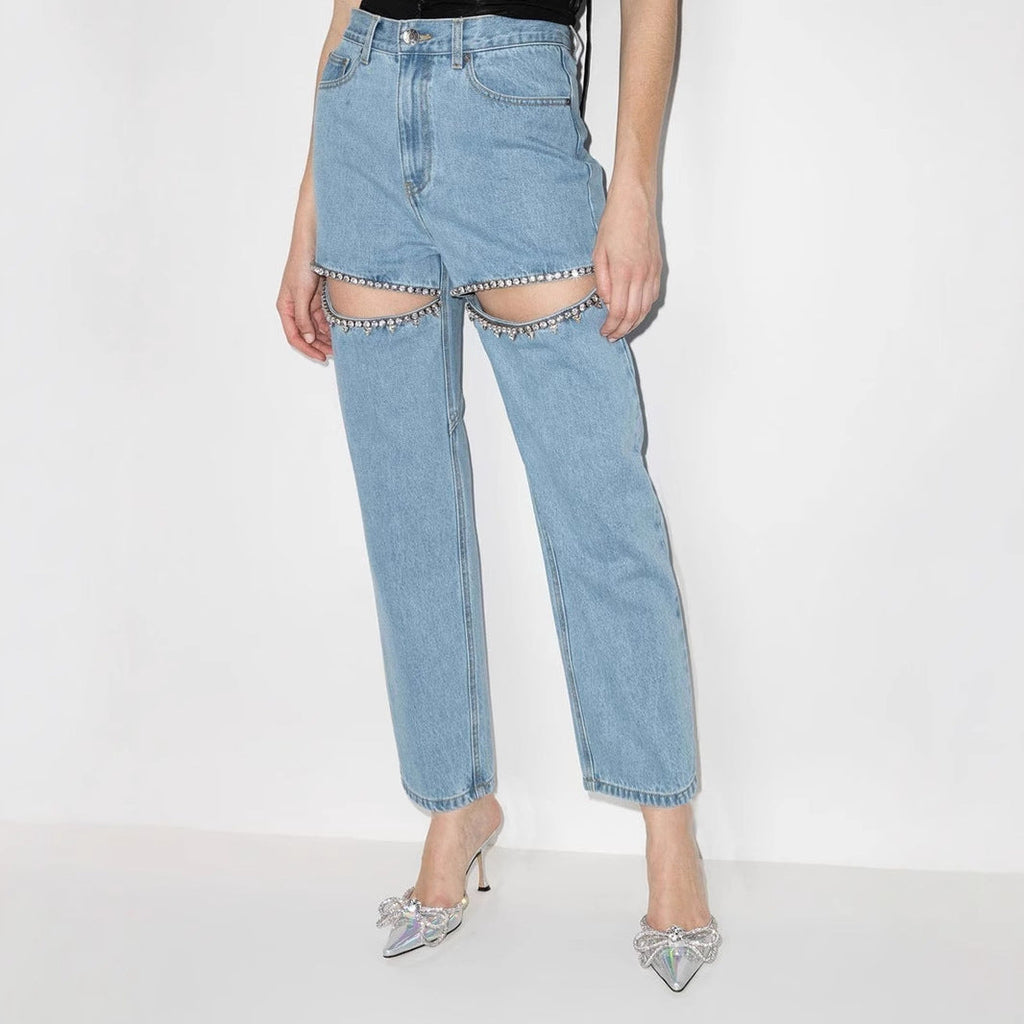 Rhinestone Cut-Out Jeans