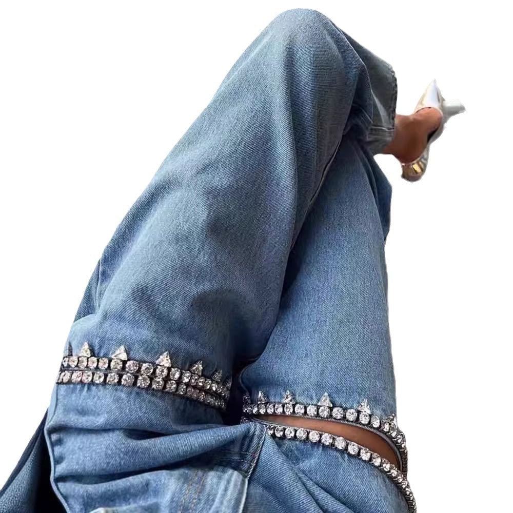 Rhinestone Cut-Out Jeans